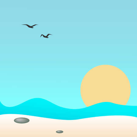 Two seagulls under the sea and beach. Art  illustration for your design.のイラスト素材