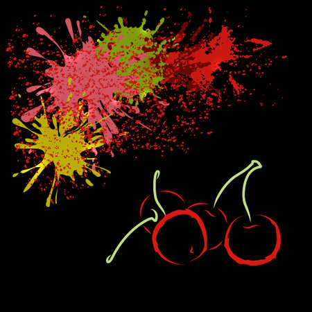 Colored outline of cherry with watercolor blots isolated on a black background.  sketch. Art illustration for your design.のイラスト素材