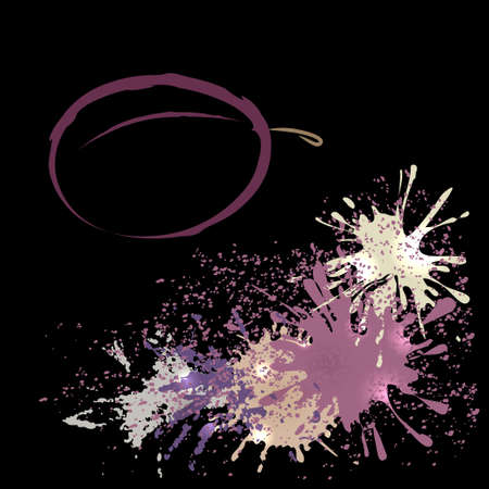 Colored outline of plum with watercolor blots isolated on a black background.  sketch. Art illustration for your design.のイラスト素材