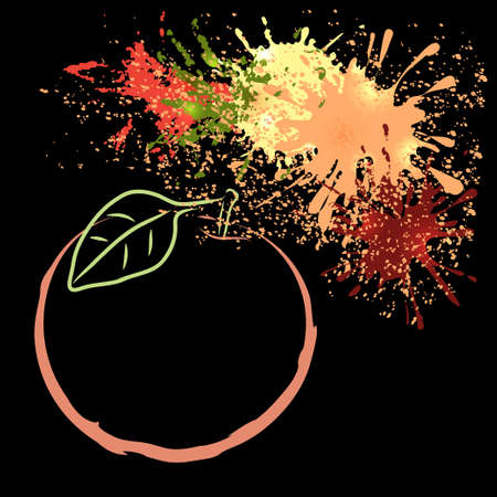Colored outline of apple with watercolor blots isolated on a black background.  sketch. Art illustration for your design.のイラスト素材
