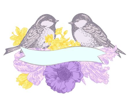 Birds, flowers, and bannerのイラスト素材
