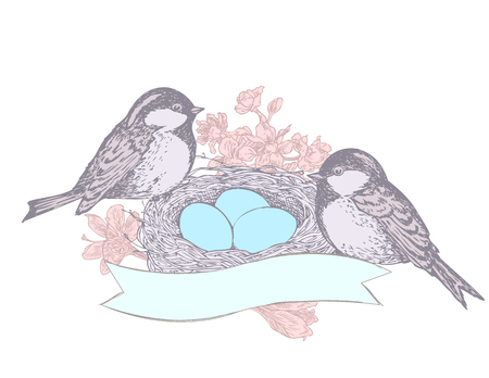 Birds, flowers, nest, eggs, and bannerのイラスト素材