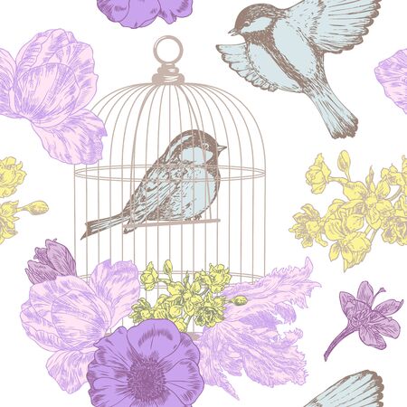 Birds, flowers, nest, eggs, cage seamless patternのイラスト素材