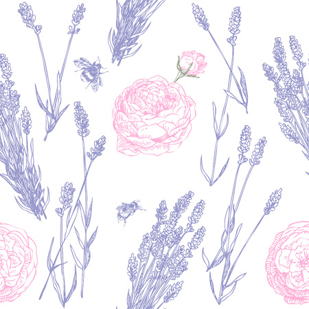 Hand drawn pen and ink lavender and roses seamless patternのイラスト素材