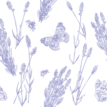 Hand drawn pen and ink lavender and butterflies seamless patternのイラスト素材
