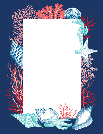 Sea shells, sea horse, sea star and corals - Hand drawn etched illustration.のイラスト素材