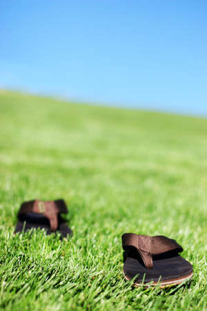 Summer Sandals in the grass under a blue skyの写真素材