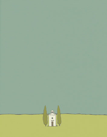 Church near Pienza, Tuscany, Italy with a green background and two cypress trees next to the church の写真素材