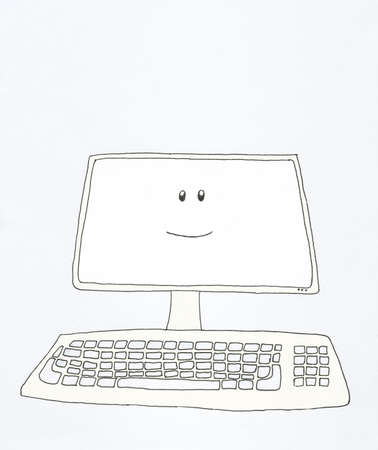 close up front view of desktop computer with smiling face on screen の写真素材
