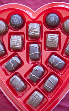 pieces of milk chocolate and dark chocolate lie in a heart shaped tray ready for valentine's day