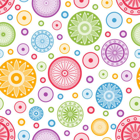 Colorful seamless background with circles and stylized flowersのイラスト素材