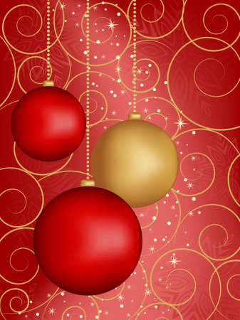 Christmas red background with hanging balls. illustration. Have used gradient mesh.のイラスト素材