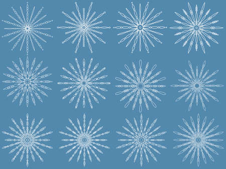 A set of different snowflakes on a blue background.  illustration.のイラスト素材