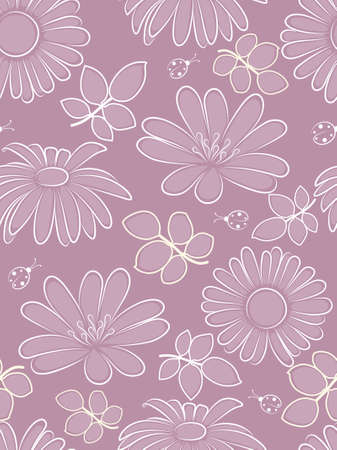 Pink seamless pattern with flowers and ladybird. illustration.のイラスト素材