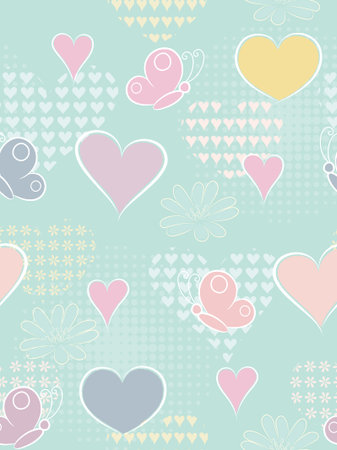 Heart seamless background with flowers and butterflies 