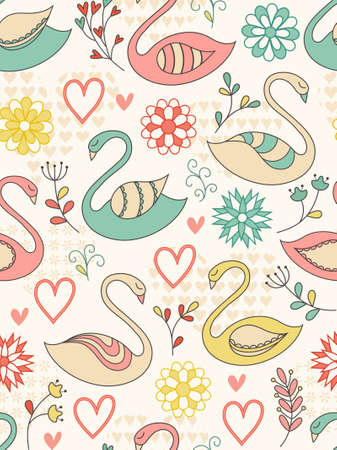Colorful seamless pattern with swans, hearts and flowers.   illustration.のイラスト素材