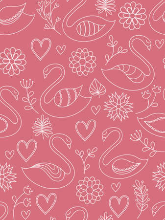  Pink seamless pattern with swans, hearts and flowers. Vector illustration.のイラスト素材