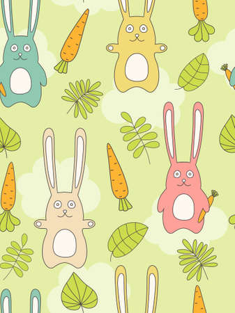 Seamless background with rabbits, carrots and leaves. Vector illustration.のイラスト素材
