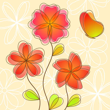 Beautiful nature background with bright flowers and butterfly. Vector   illustration. のイラスト素材