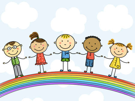 Funny kids on a rainbow. Vector illustration.のイラスト素材