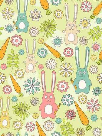 Seamless background with rabbits, carrots, flowers and leaves のイラスト素材