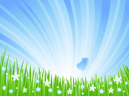 Spring green meadow with flowers and butterflies. Vector illustration.のイラスト素材