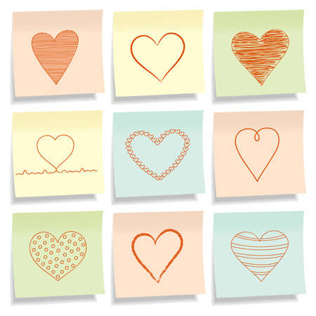 Sticky notes with different hand-drawn hearts. Vector illustration.  のイラスト素材
