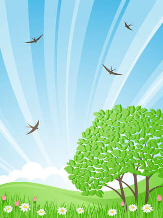 Green meadow with tree on a background of the rising   sun. Swallows fly in the sky. Vector illustration.のイラスト素材