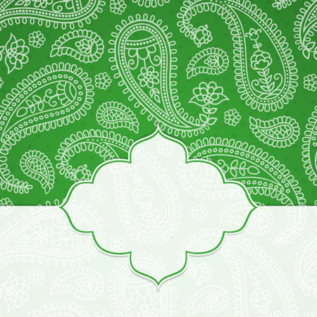 Frame in the Indian style on the background with paisley pattern. Vector illustration. Eps10 (Transparency effects).のイラスト素材
