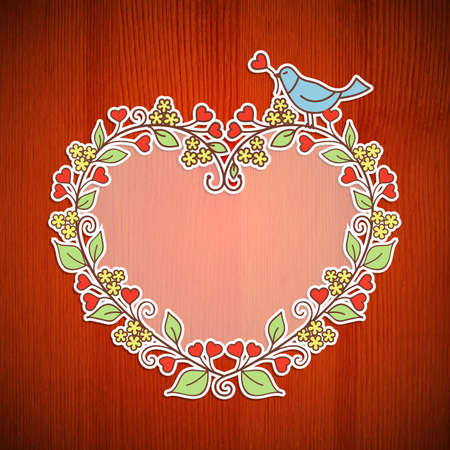 Floral frame with bird on a wooden backgroundのイラスト素材