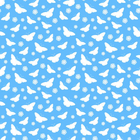 Seamless pattern with white butterflies on a blue background. Vector illustration.のイラスト素材