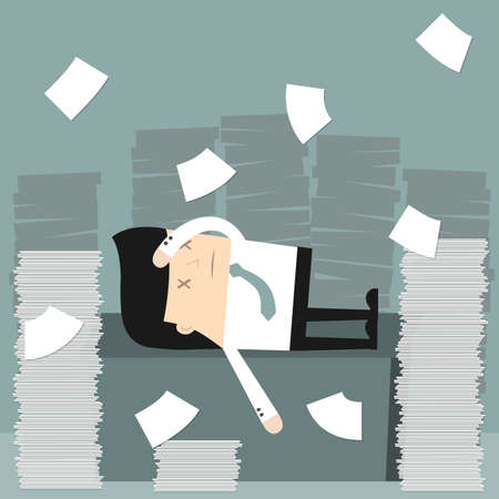 Business situation. Businessman in the office Businessman in office littered with a bunch of papers. Vector illustration.のイラスト素材