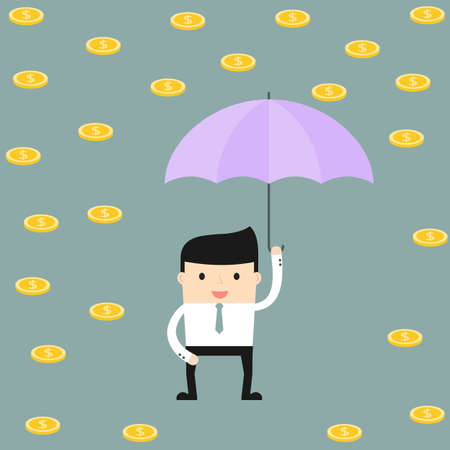 Business situation. Businessman with an umbrella under the golden rain. The symbol of high profits and a successful business. Vector illustration.のイラスト素材