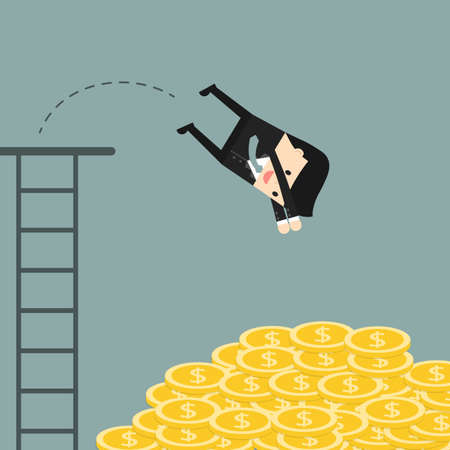 Business situation. Businessman jumping in a pile of coins. Symbol of wealth and big profits. Vector illustration.のイラスト素材