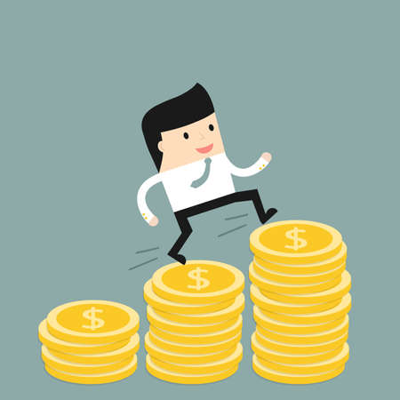 Business situation. Businessman climbs the stairs of money. Symbol of revenue growth. Vector illustration.のイラスト素材