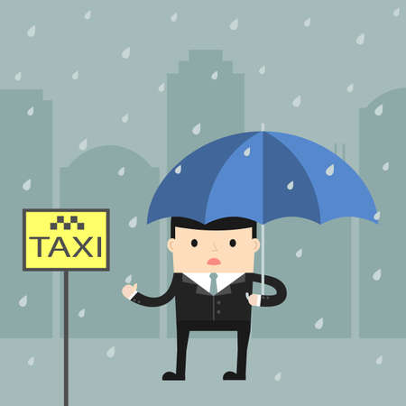 Business situation. Businessman catching a taxi in the rain. Vector illustration.のイラスト素材