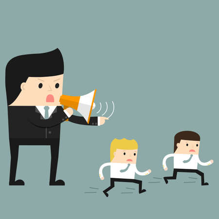 Business situation. Boss commanding officers into a megaphone. Employees run work. Vector illustration.のイラスト素材