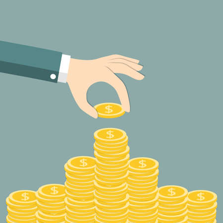 Hand puts a coin in a pile of coins. The concept of a large income and savings. Vector illustration.のイラスト素材