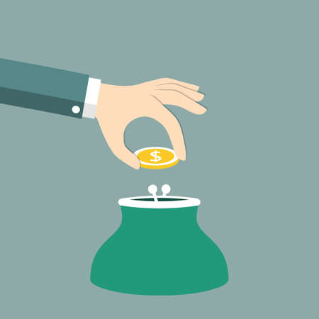Hand puts a coin in in a purse. The concept of a large income and 
savings. Vector illustration.のイラスト素材