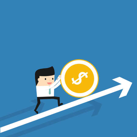 Business situation. Businessman coin rolls up. The concept of a lot of work for a big profit. Vector illustration.のイラスト素材