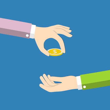 The hand throws a coin in the other hand. Vector illustration.のイラスト素材