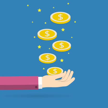 Coins falling in hand. Concept of success and big profits. Vector illustrationのイラスト素材