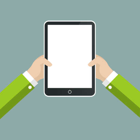Hands holing tablet computer with a white screen.  Vector 
illustration.のイラスト素材