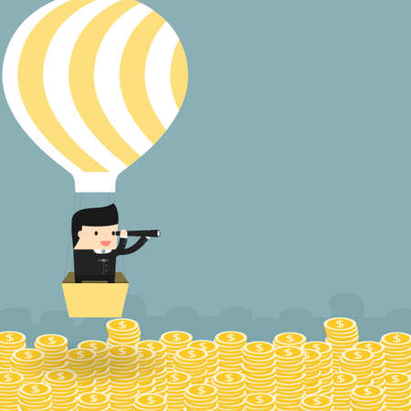Businessman flying in a balloon. The concept of big profits and success. Vector.のイラスト素材