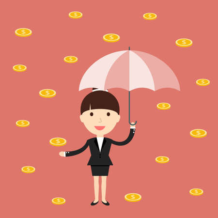 Business situation. Businesswoman with an umbrella under the golden rain. The symbol of high profits and a successful business.のイラスト素材