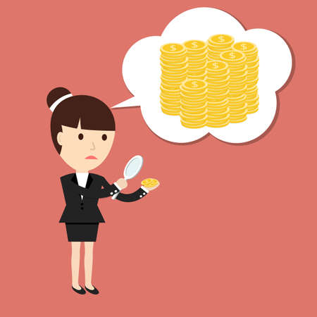 Businesswoman considers coin through a magnifying glass thinks about big money. The concept of a small profit. Vector illustration.のイラスト素材