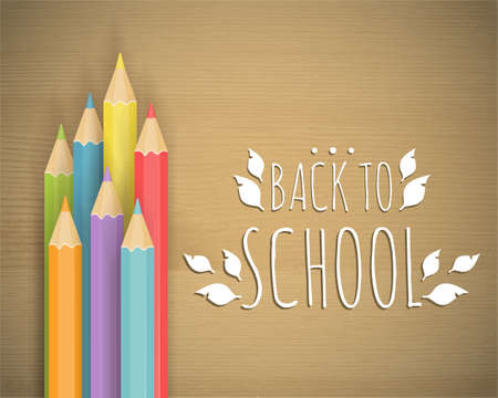 School background with pencils on the wood texture. Vector illustration.のイラスト素材