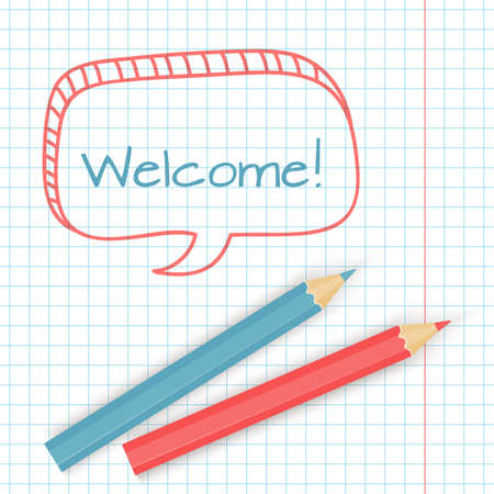 Welcome inscription.  Hand drawn design elements on the notepaper background. Vector illustration.のイラスト素材