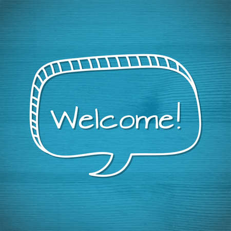 Welcome inscription.  Hand drawn design elements on the 
wooden background. Vector illustration.のイラスト素材