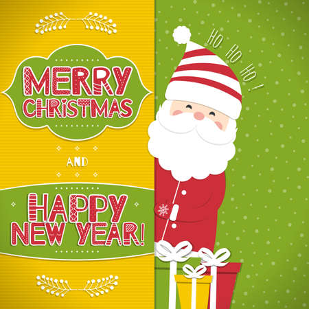 This is a bright congratulatory Christmas background with Santa Claus. Inscriptions Merry Christmas and Happy New Year with the letters in the Scandinavian style. Ho-Ho-Ho. Vector illustration.のイラスト素材